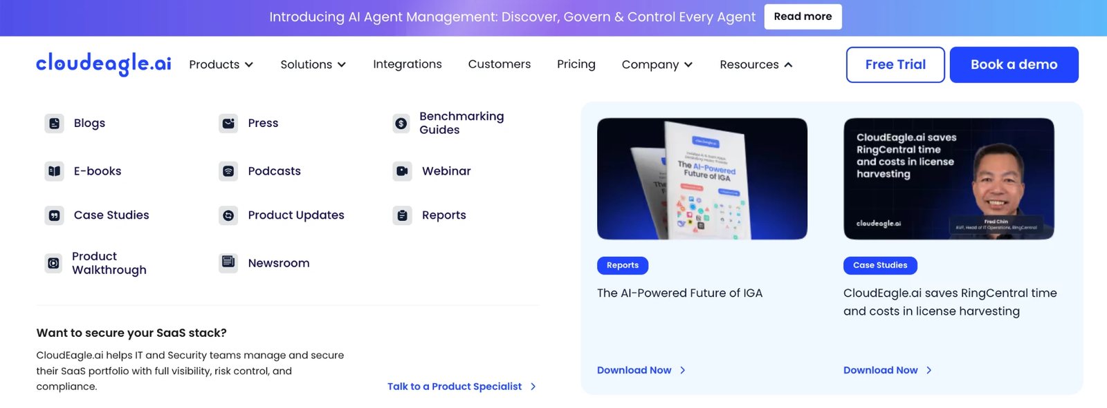 The Resources menu, with featured report and case study cards